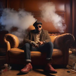 A vinyl album cover of Atlanta trap music, perched on an aged leather sofa, surrounded by unlit cigars and wisps of smoke.