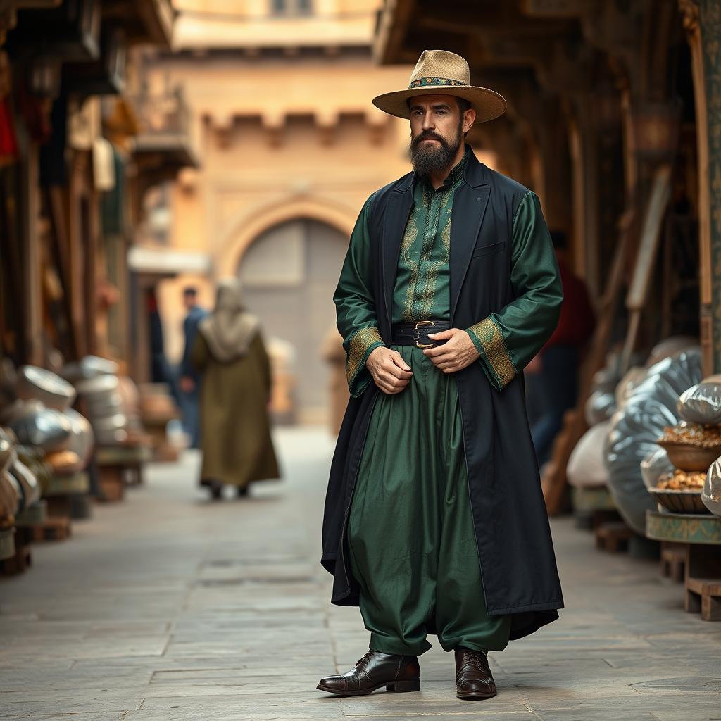 An elegant nobleman depicted in a traditional Safavid market