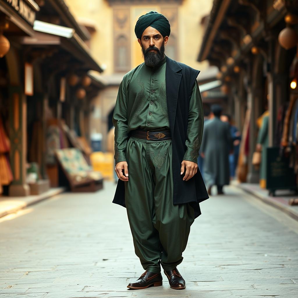 A distinguished gentleman portrayed in a traditional Safavid-style bazaar