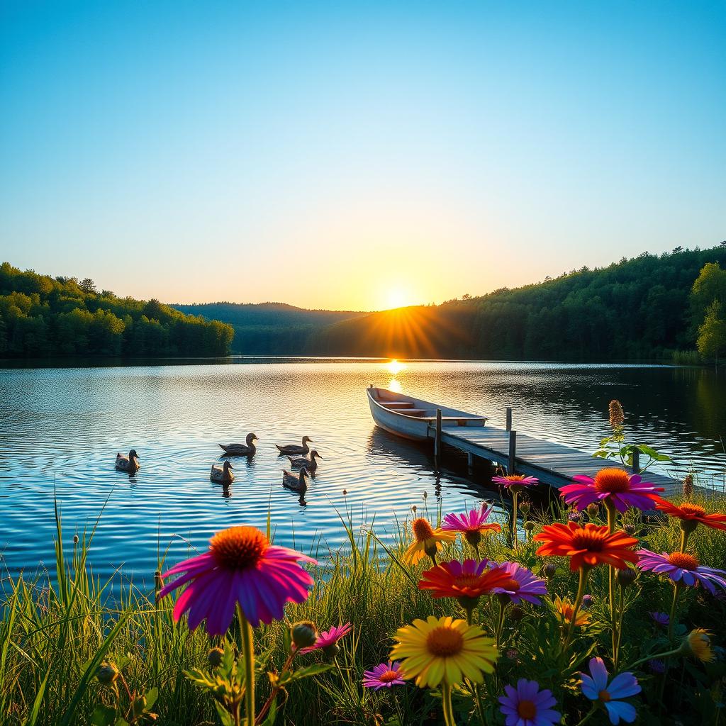 A serene landscape featuring a tranquil lake surrounded by lush green forests under a clear blue sky