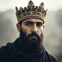 A handsome man wearing a traditional Haydari crown, featuring intricate designs and jewels, set against a soft, atmospheric background