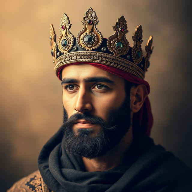 A handsome man wearing a traditional Haydari crown, featuring intricate designs and jewels, set against a soft, atmospheric background