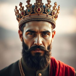 A handsome man wearing a traditional Haydari crown, featuring intricate designs and jewels, set against a soft, atmospheric background