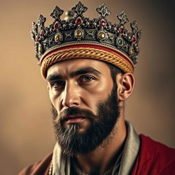 A handsome man wearing a traditional Haydari crown, featuring intricate designs and jewels, set against a soft, atmospheric background