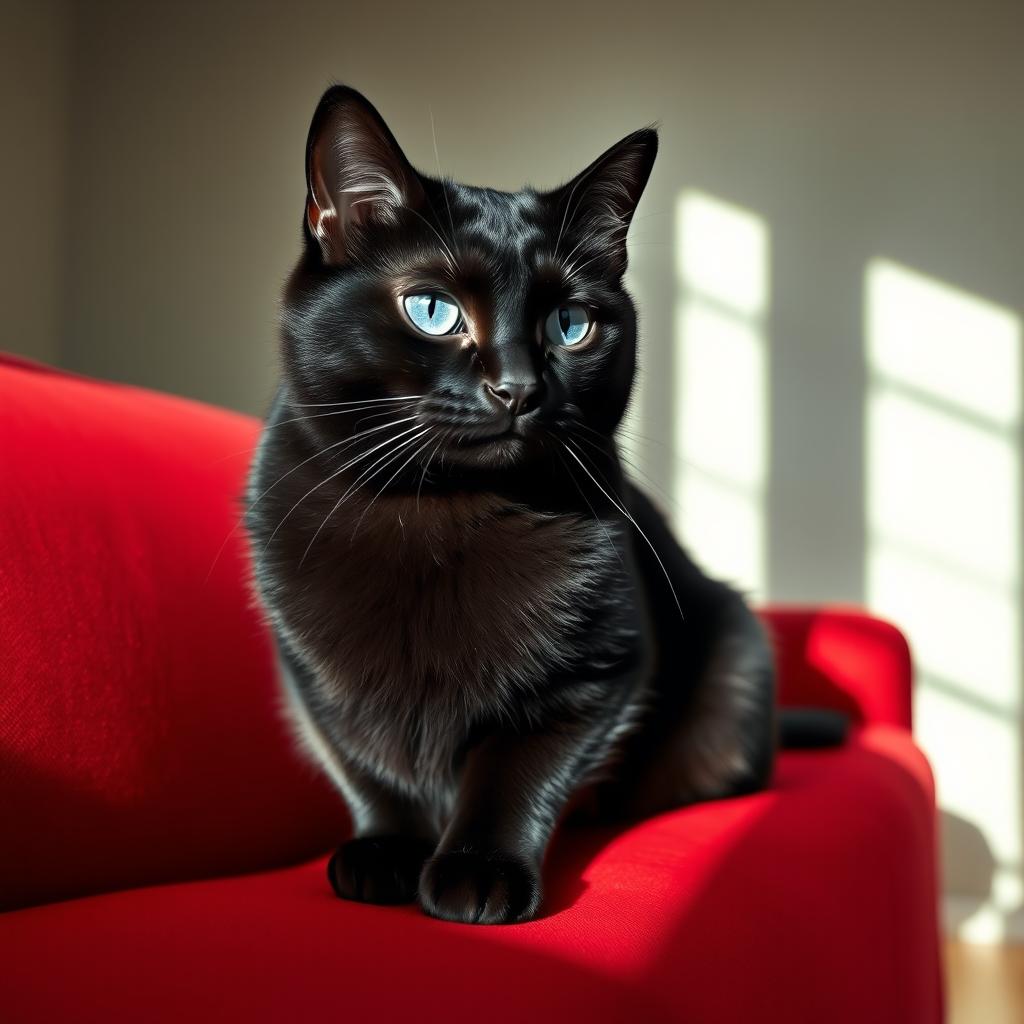A realistic depiction of a black cat with striking blue eyes, elegantly sitting on a vibrant red sofa