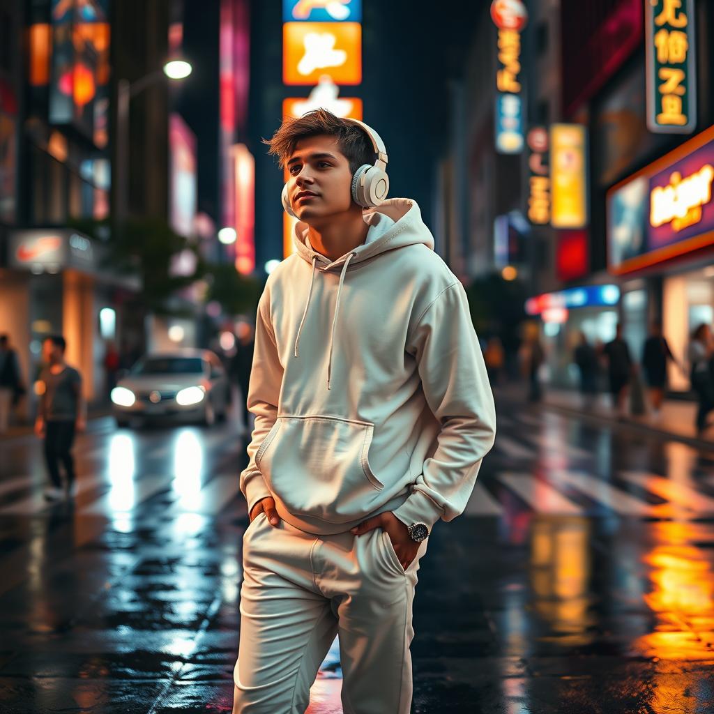 A young man wearing a white hoodie and white sports pants, immersed in his music with large headphones on, exploring a vibrant city at night
