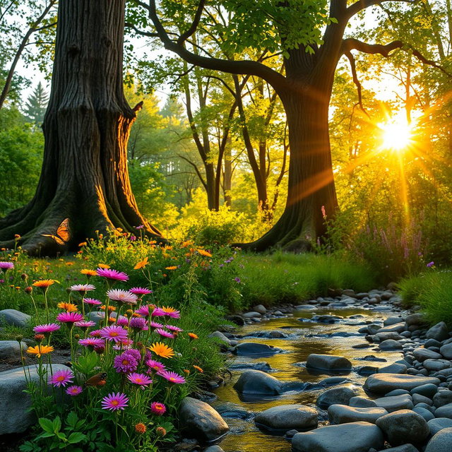 A serene forest landscape during a soft sunrise, with golden light filtering through lush green leaves, creating a warm and inviting atmosphere