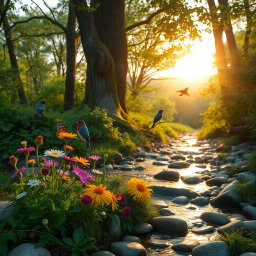 A serene forest landscape during a soft sunrise, with golden light filtering through lush green leaves, creating a warm and inviting atmosphere