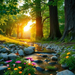 A serene forest landscape during a soft sunrise, with golden light filtering through lush green leaves, creating a warm and inviting atmosphere