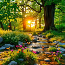 A serene forest landscape during a soft sunrise, with golden light filtering through lush green leaves, creating a warm and inviting atmosphere