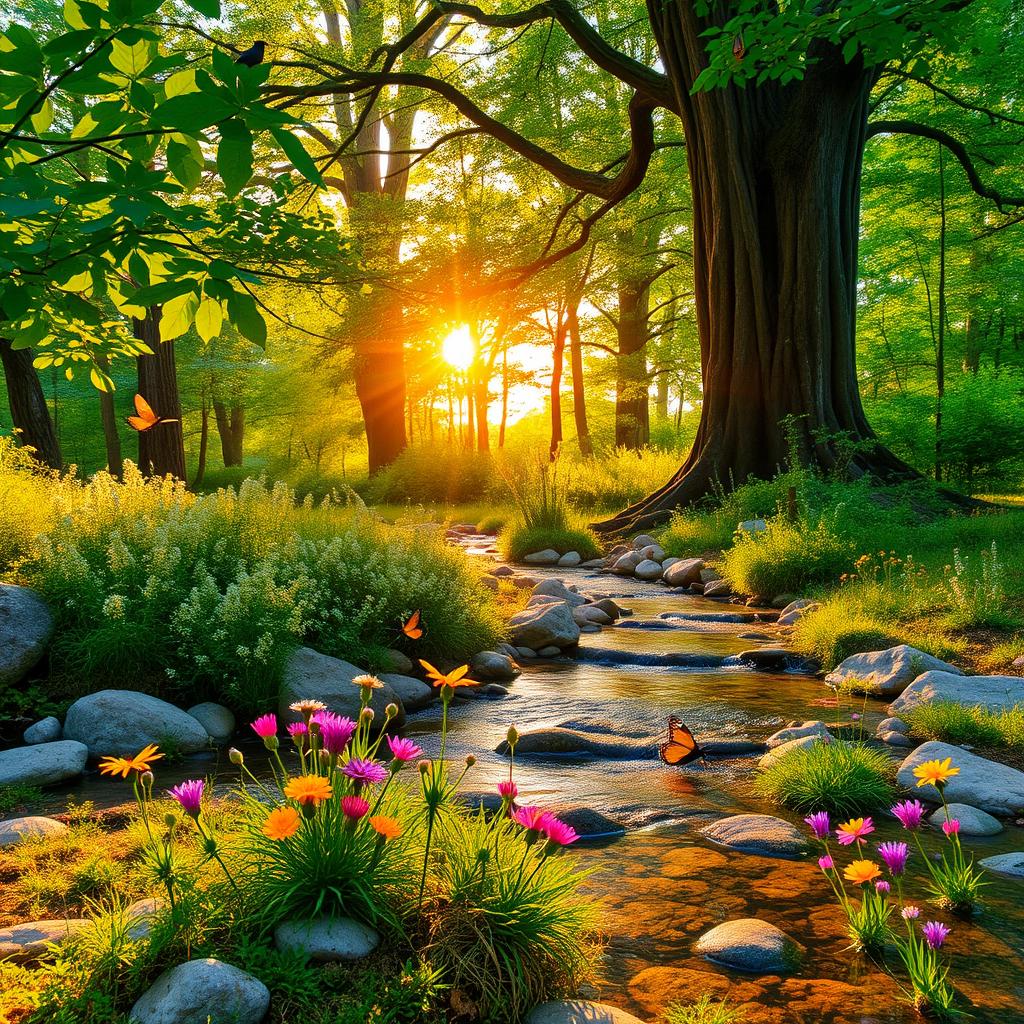 A serene forest landscape during a soft sunrise, with golden light filtering through lush green leaves, creating a warm and inviting atmosphere