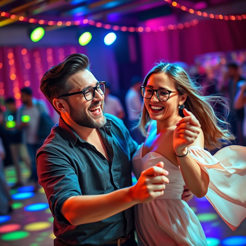A joyful scene of a man with a well-groomed beard and a stylish mustache, wearing fashionable glasses, dancing energetically with a woman who is also wearing trendy glasses