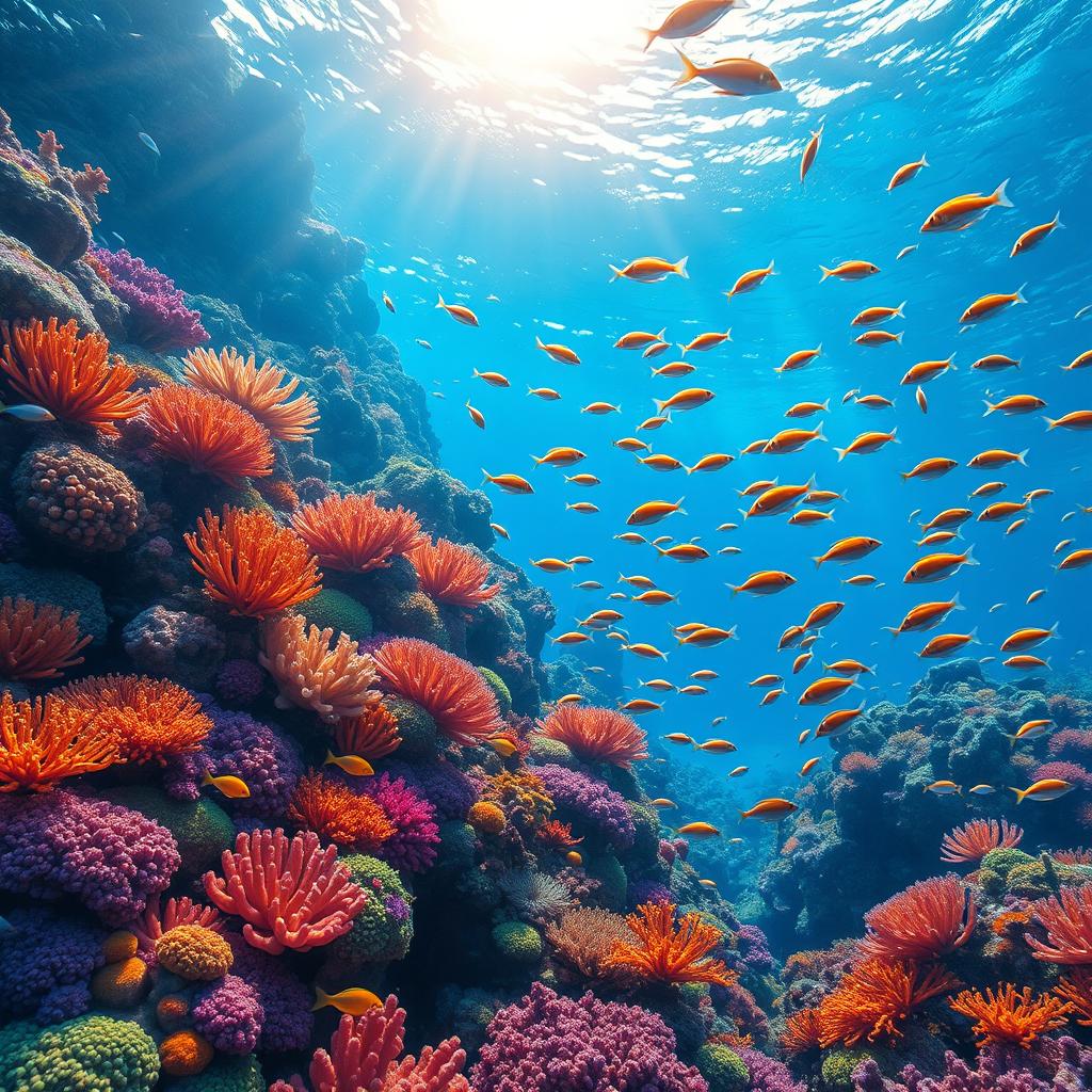 A stunning underwater scene showcasing a vibrant coral reef, teeming with colorful tropical fish