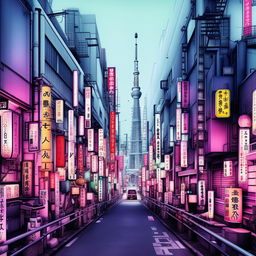 Create a Lo-Fi style illustration of the cityscape of Tokyo, suitable for an album cover.