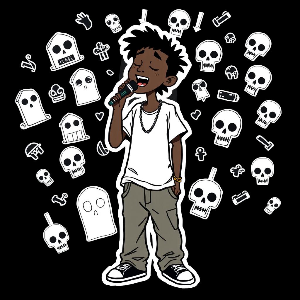 A cartoon character with dark skin, wearing a loose t-shirt and baggy fabric pants, appearing to sing hip-hop