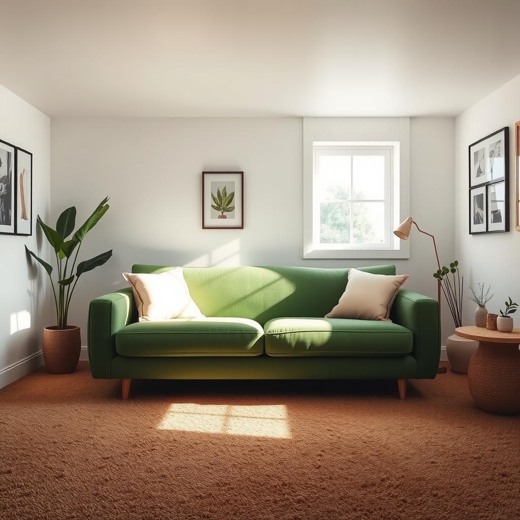 A cozy bedroom featuring a green sofa as the focal point, set against white walls that create a bright ambiance