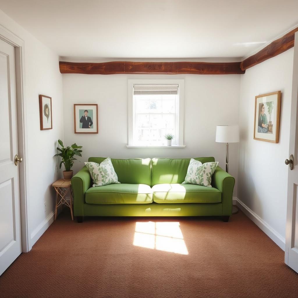 A cozy bedroom featuring a stylish green sofa as the focal point