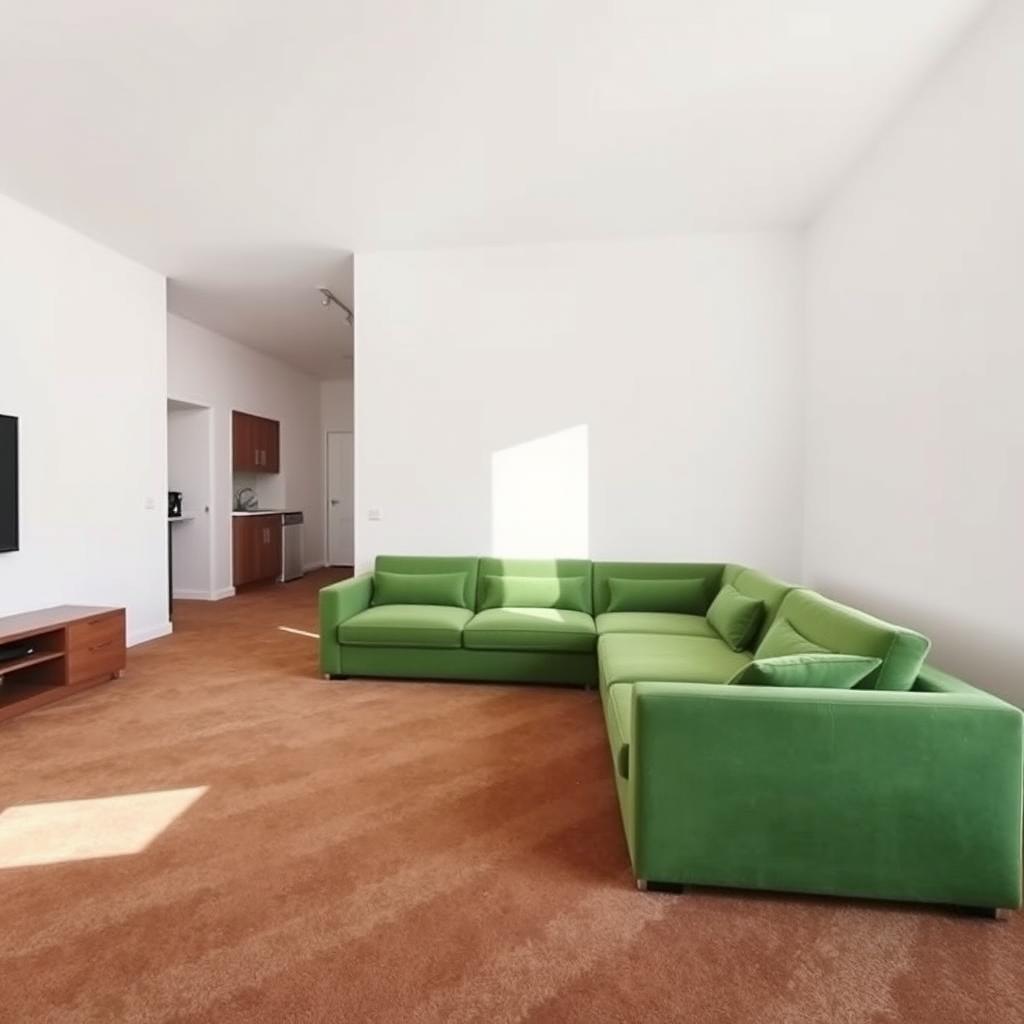 A spacious bedroom featuring a large green sofa situated against white walls, which create a bright and airy atmosphere