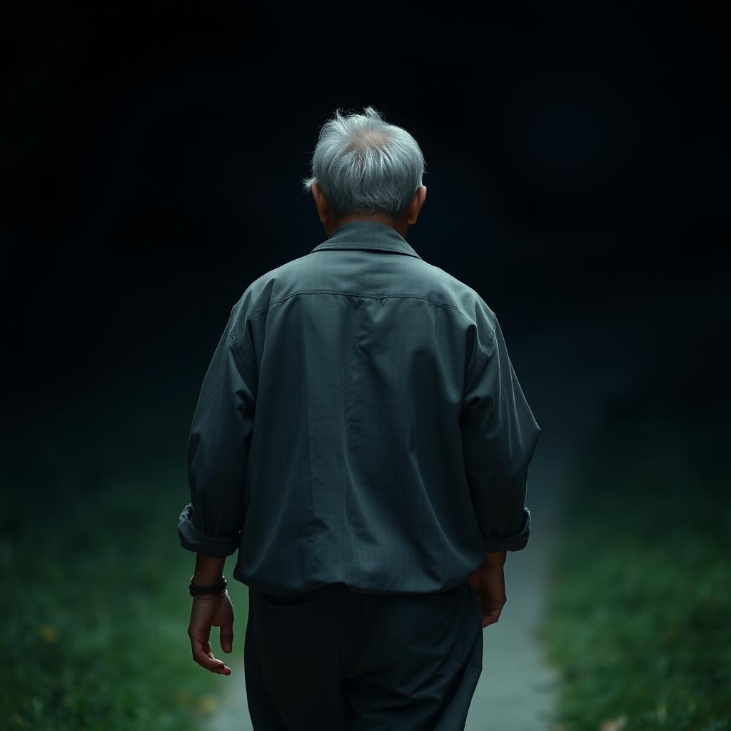 A humble person wearing simple clothing, captured from behind while walking