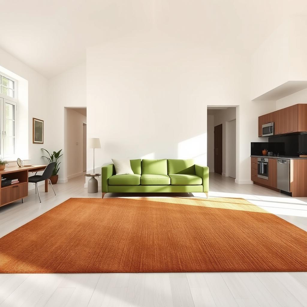 A spacious bedroom featuring a stylish green sofa placed prominently within the room