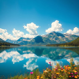A stunning and vibrant landscape featuring a serene lake surrounded by majestic mountains under a clear blue sky
