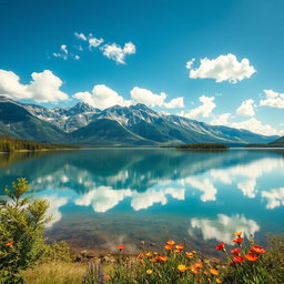 A stunning and vibrant landscape featuring a serene lake surrounded by majestic mountains under a clear blue sky