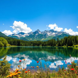 A stunning and vibrant landscape featuring a serene lake surrounded by majestic mountains under a clear blue sky