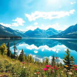 A stunning and vibrant landscape featuring a serene lake surrounded by majestic mountains under a clear blue sky