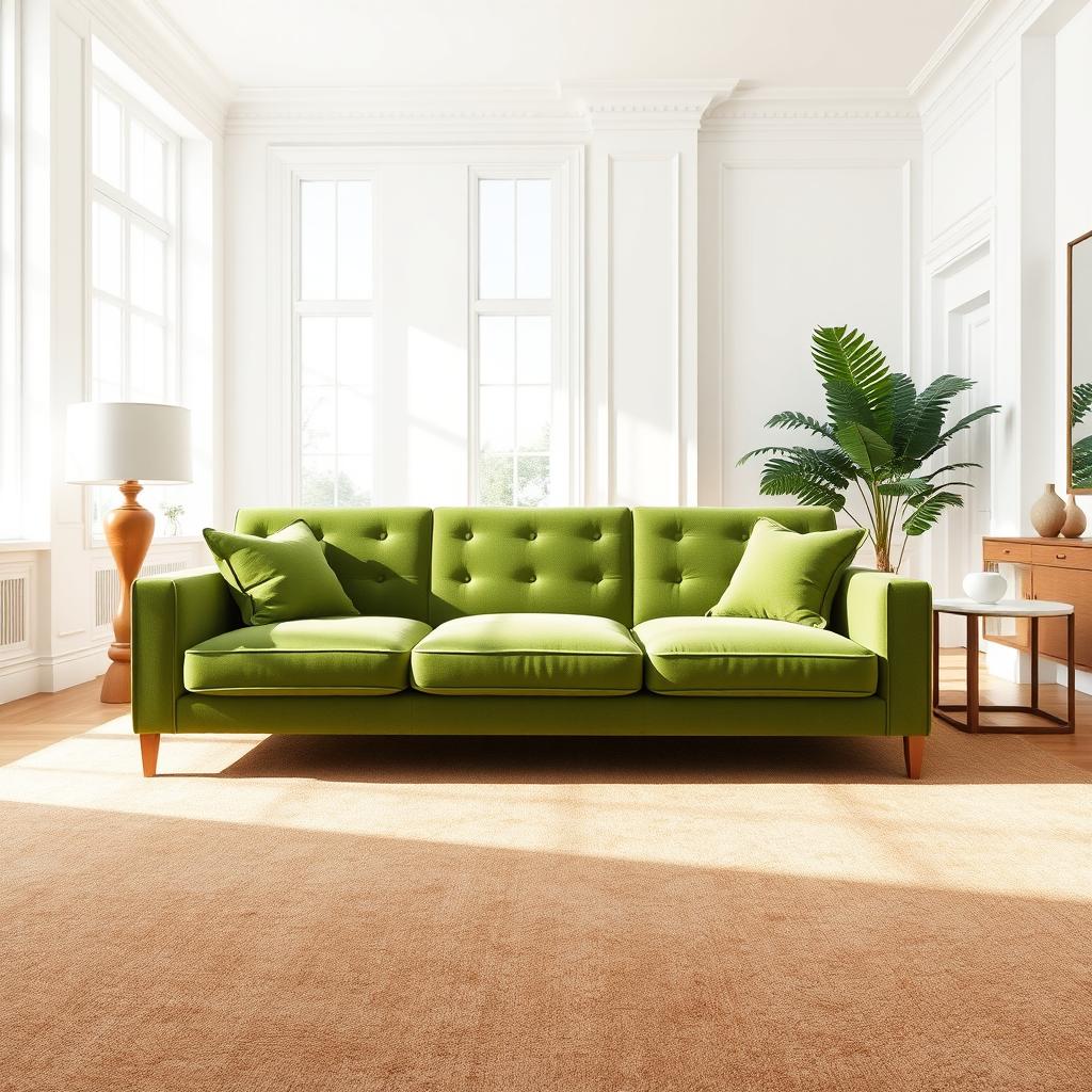 A spacious big bedroom featuring a stylish green sofa placed prominently