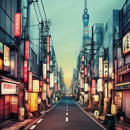 Create a Lo-Fi style illustration of the cityscape of Tokyo, suitable for an album cover.