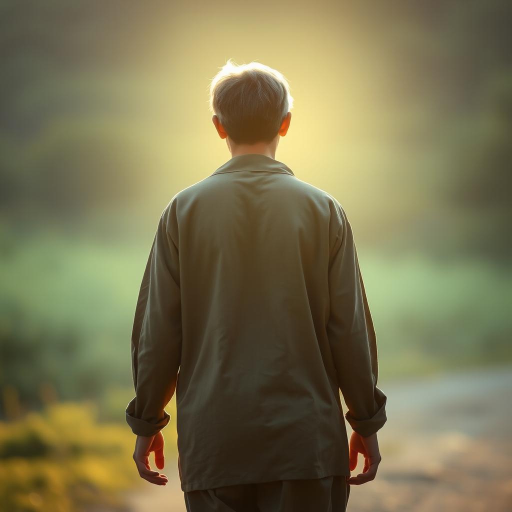 A humble person wearing simple clothing, captured from behind while walking