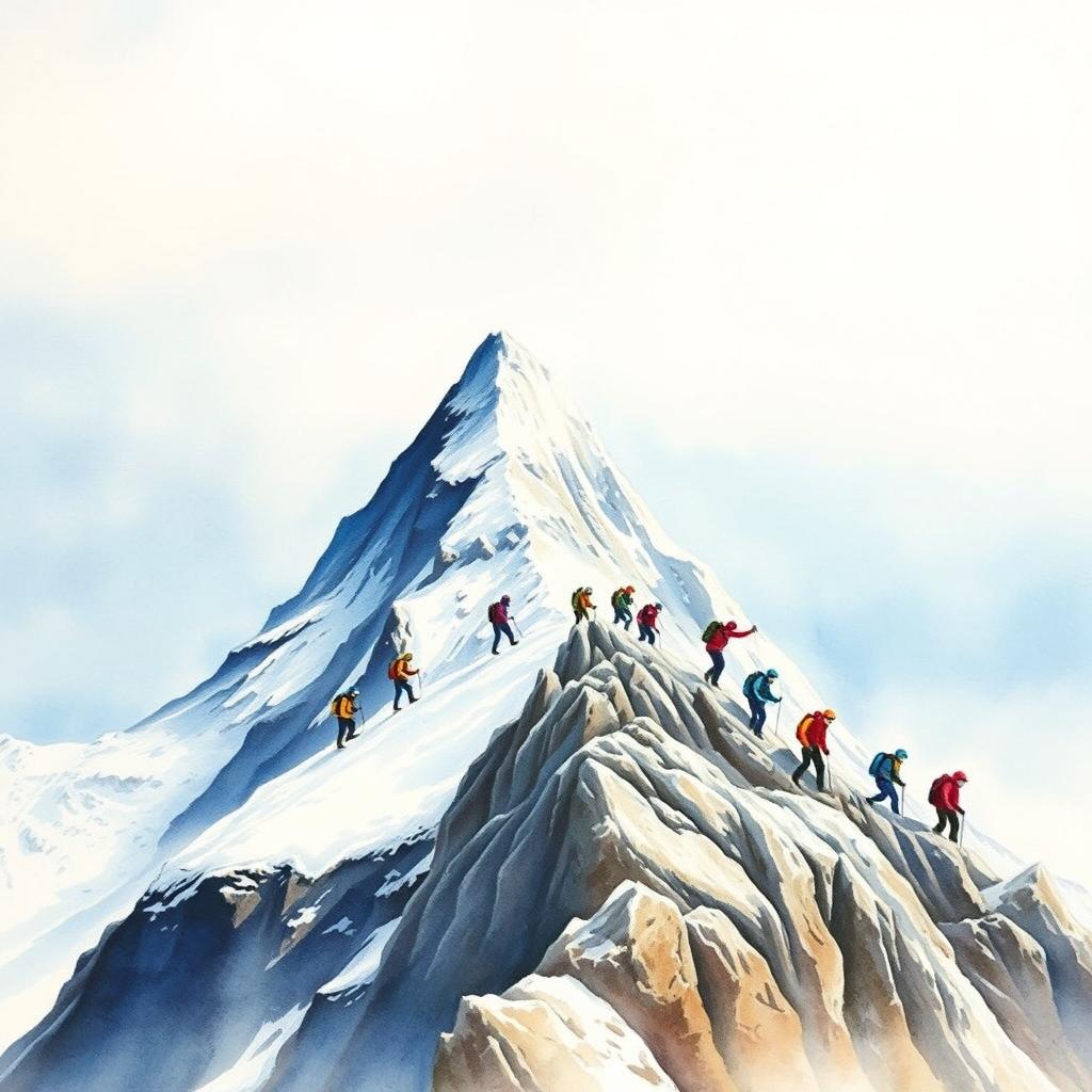 A stunning watercolor painting depicting a majestic mountain peak blanketed in fresh snow
