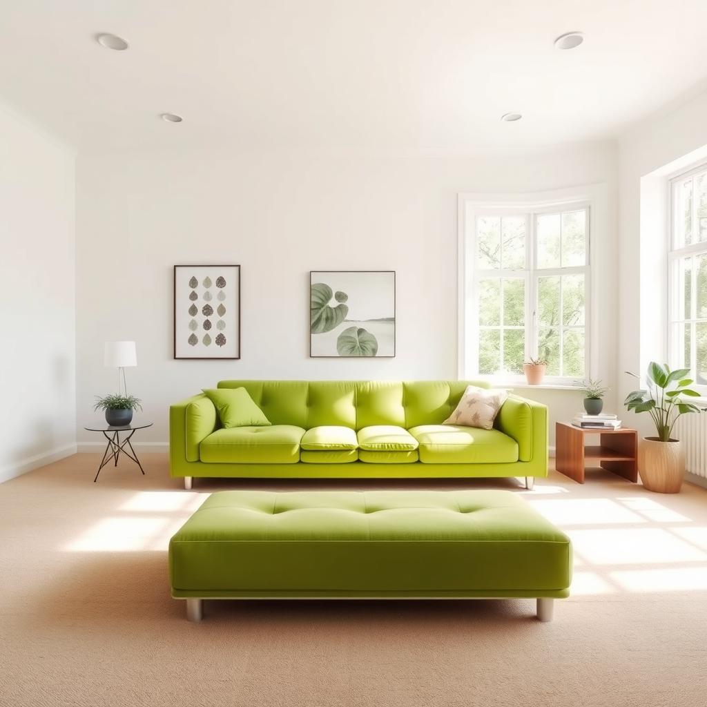 A spacious bedroom featuring a vibrant green sofa prominently displayed in the center