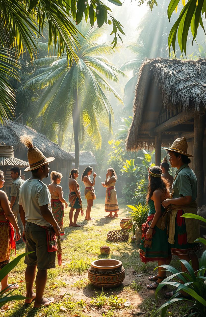 A captivating scene depicting the essence of anthropology, showcasing researchers exploring an ancient tribal village