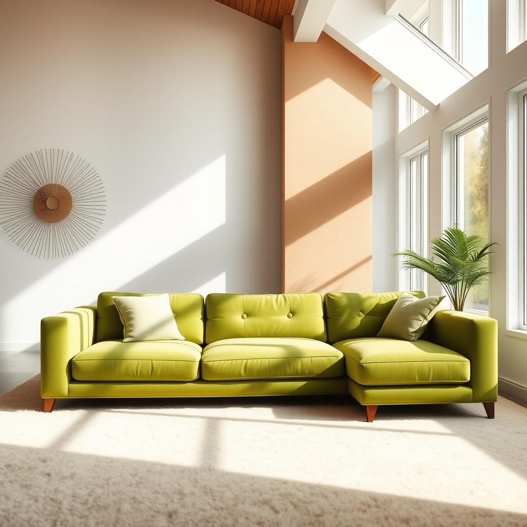 A spacious and stylish bedroom featuring a green sofa as the centerpiece, placed against white walls