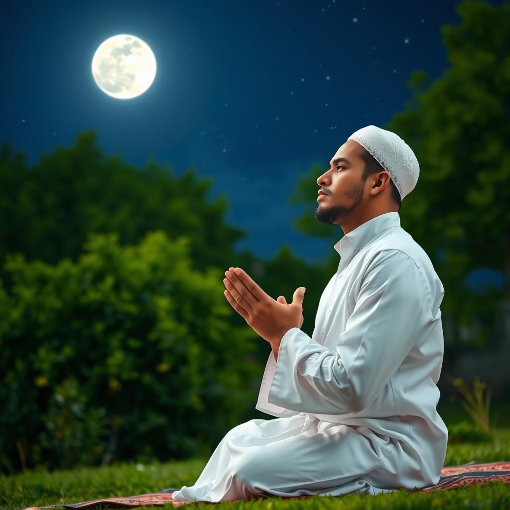 A serene scene of a Muslim person in prayer during Ramadan, positioned gracefully under a bright moonlight in a tranquil outdoor setting
