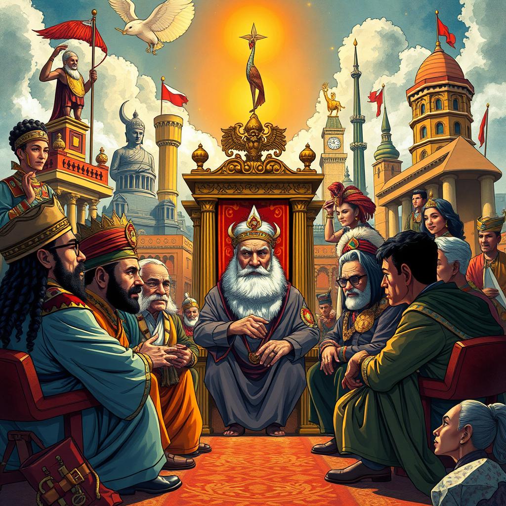 An intriguing illustration representing the anthropology of power, focused on the dynamics of leadership and authority within various cultural contexts