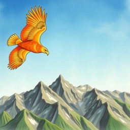 A hand-drawn illustration of a majestic orange eagle soaring high above a rugged mountain range