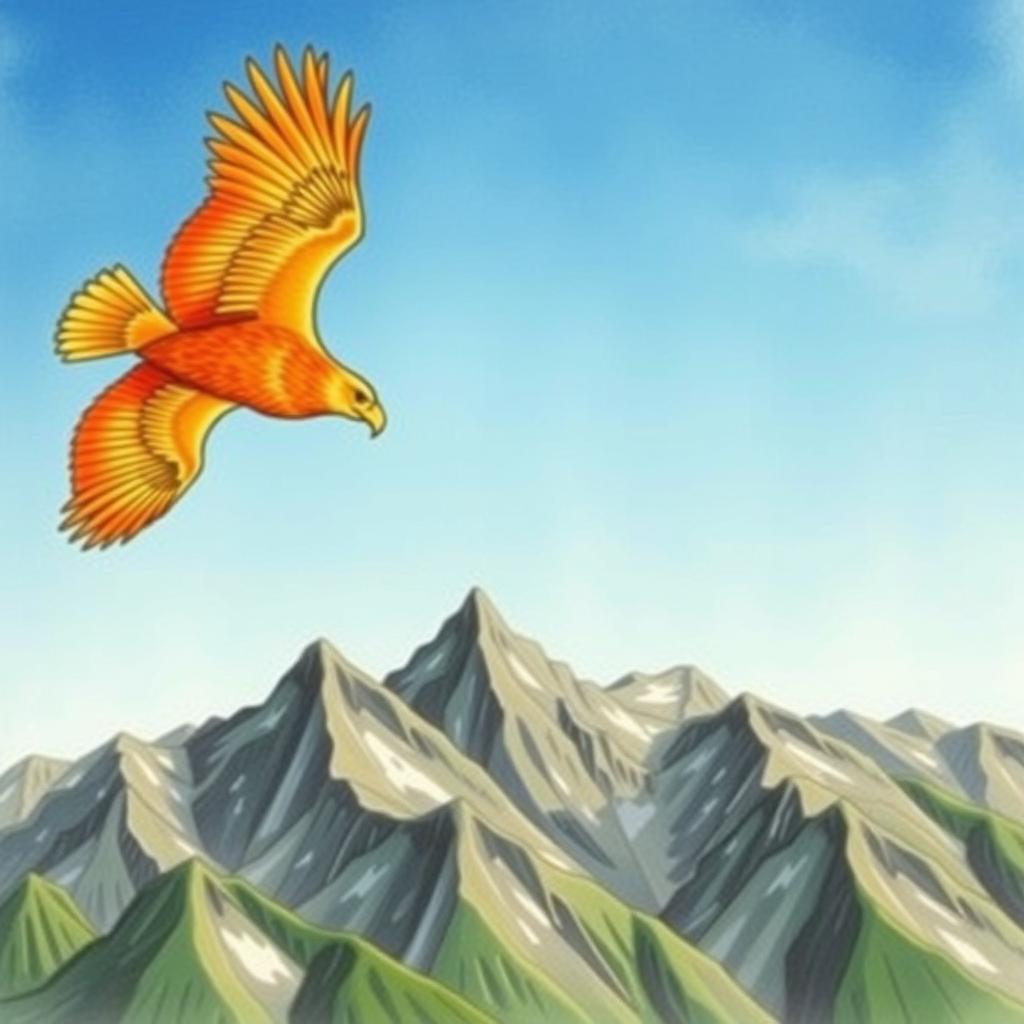 A hand-drawn illustration of a majestic orange eagle soaring high above a rugged mountain range