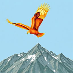 A hand-drawn illustration of a majestic orange eagle soaring high above a rugged mountain range