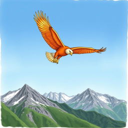 A hand-drawn illustration of a majestic orange eagle soaring high above a rugged mountain range