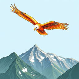 A hand-drawn illustration of a majestic orange eagle soaring high above a rugged mountain range