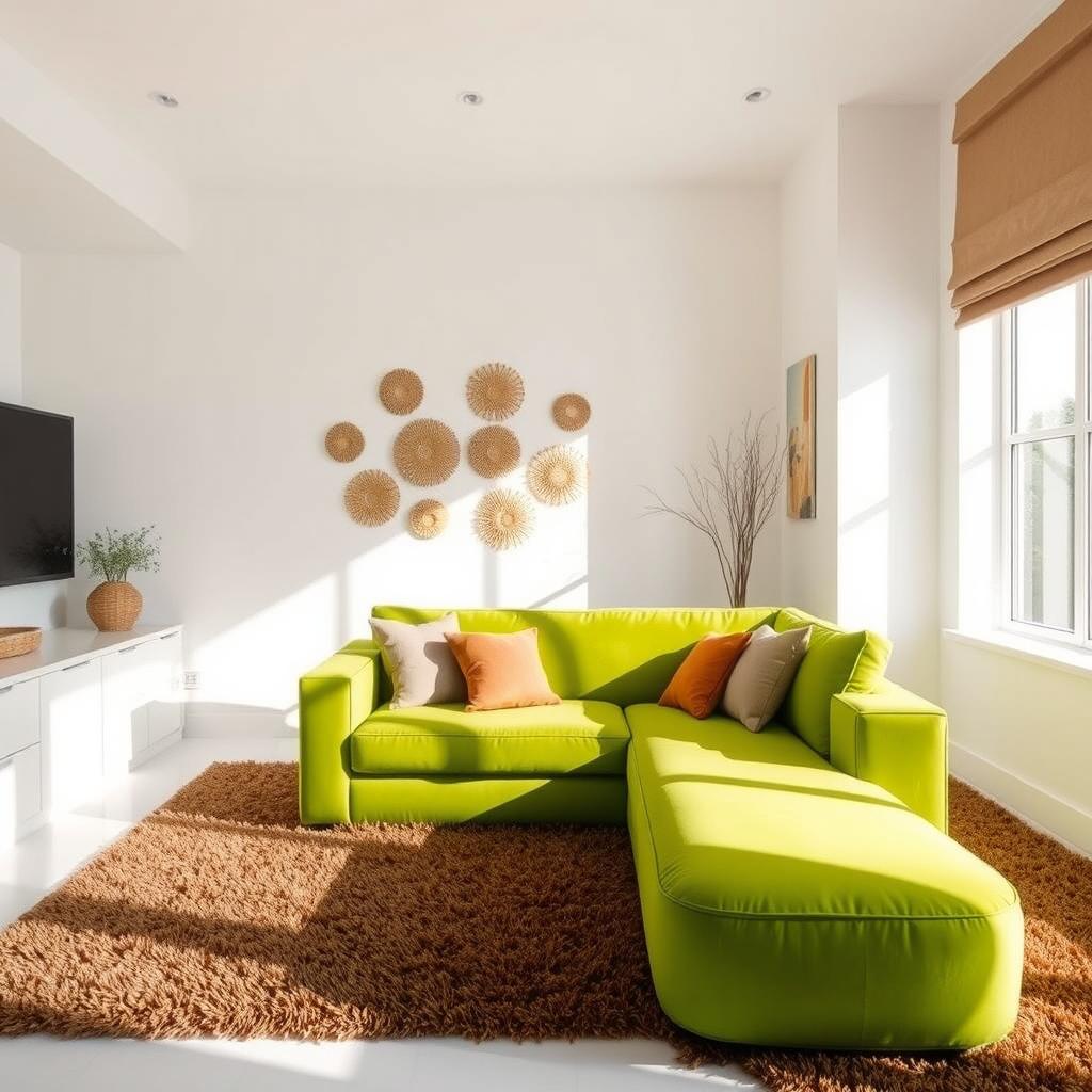 A spacious bedroom featuring a vibrant green sofa as the focal point
