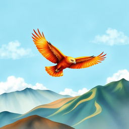 A beautiful watercolor painting of an orange eagle soaring majestically above a range of mountains