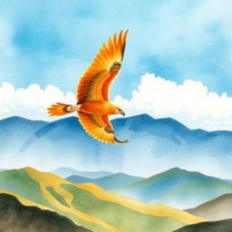 A beautiful watercolor painting of an orange eagle soaring majestically above a range of mountains