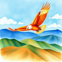A beautiful watercolor painting of an orange eagle soaring majestically above a range of mountains