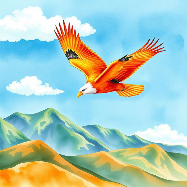 A beautiful watercolor painting of an orange eagle soaring majestically above a range of mountains