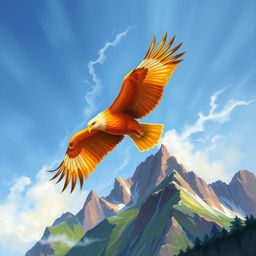 An oil-painted picture of a majestic orange eagle soaring high above a rugged mountain range