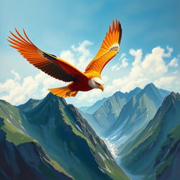 An oil-painted picture of a majestic orange eagle soaring high above a rugged mountain range