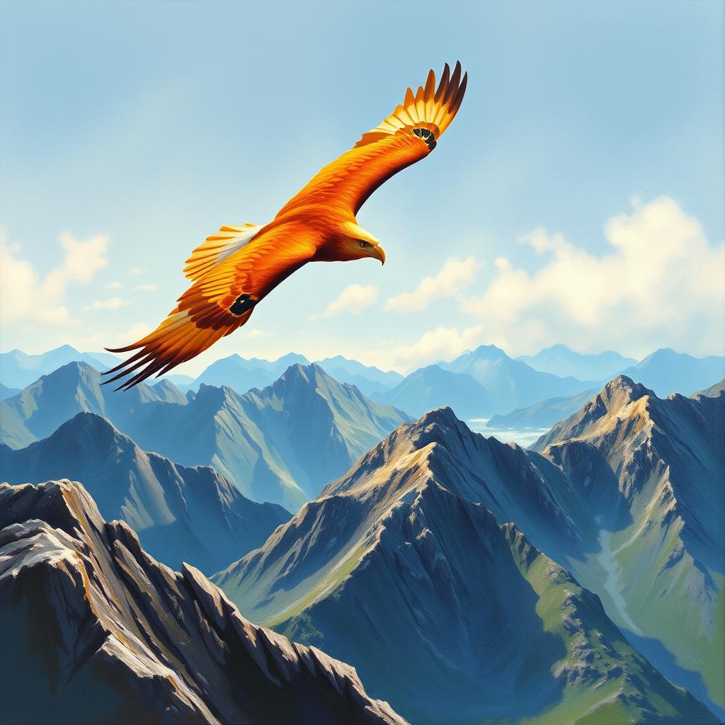 An oil-painted picture of a majestic orange eagle soaring high above a rugged mountain range